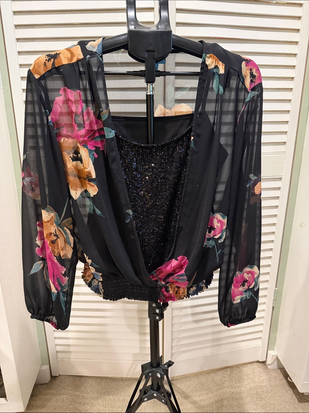 CeCe Black Floral Sheer Wrap Blouse with Sequin Camisole